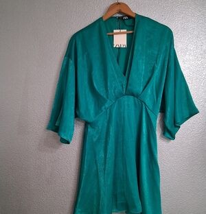 NWT Zara Teal Satin Effect Mini Dress   Size S